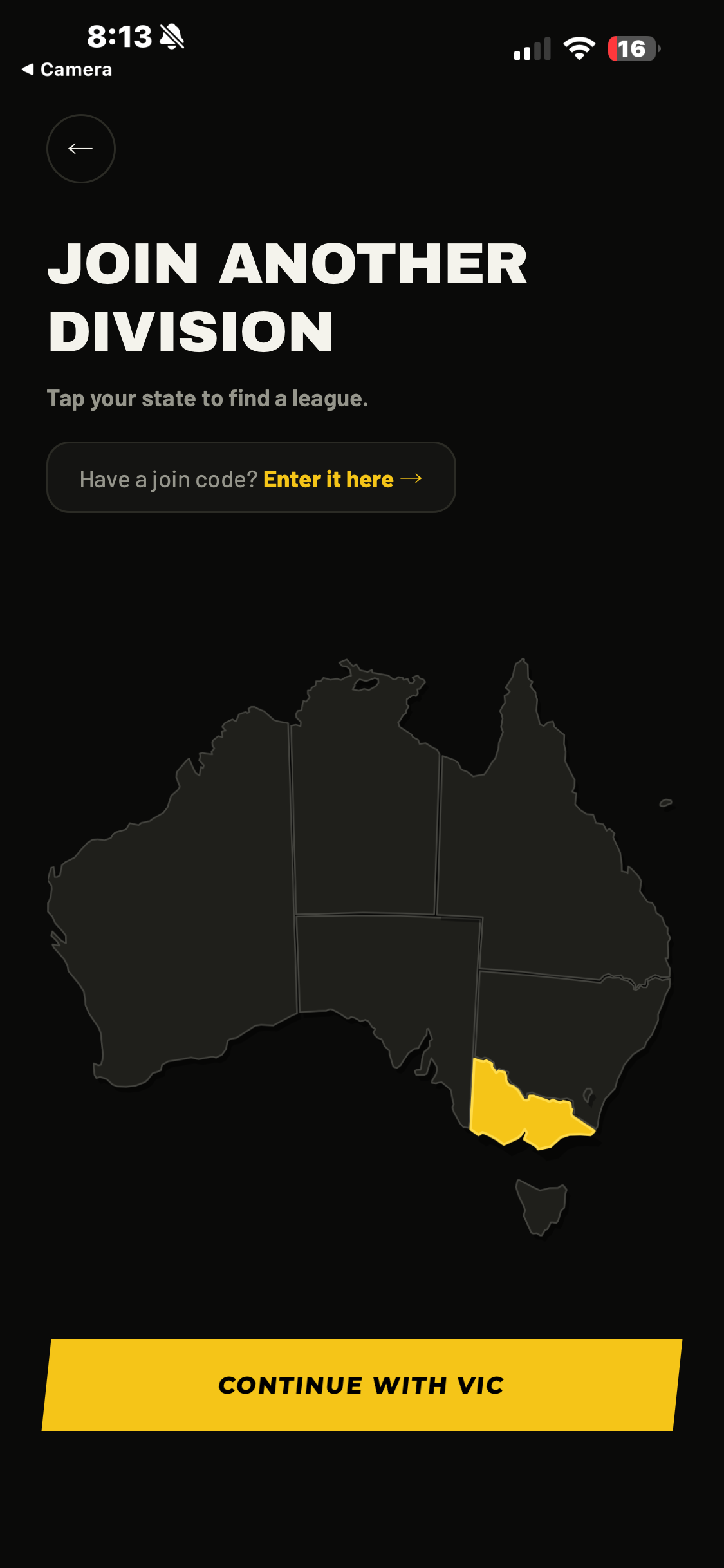 Join a division by tapping your state on the map