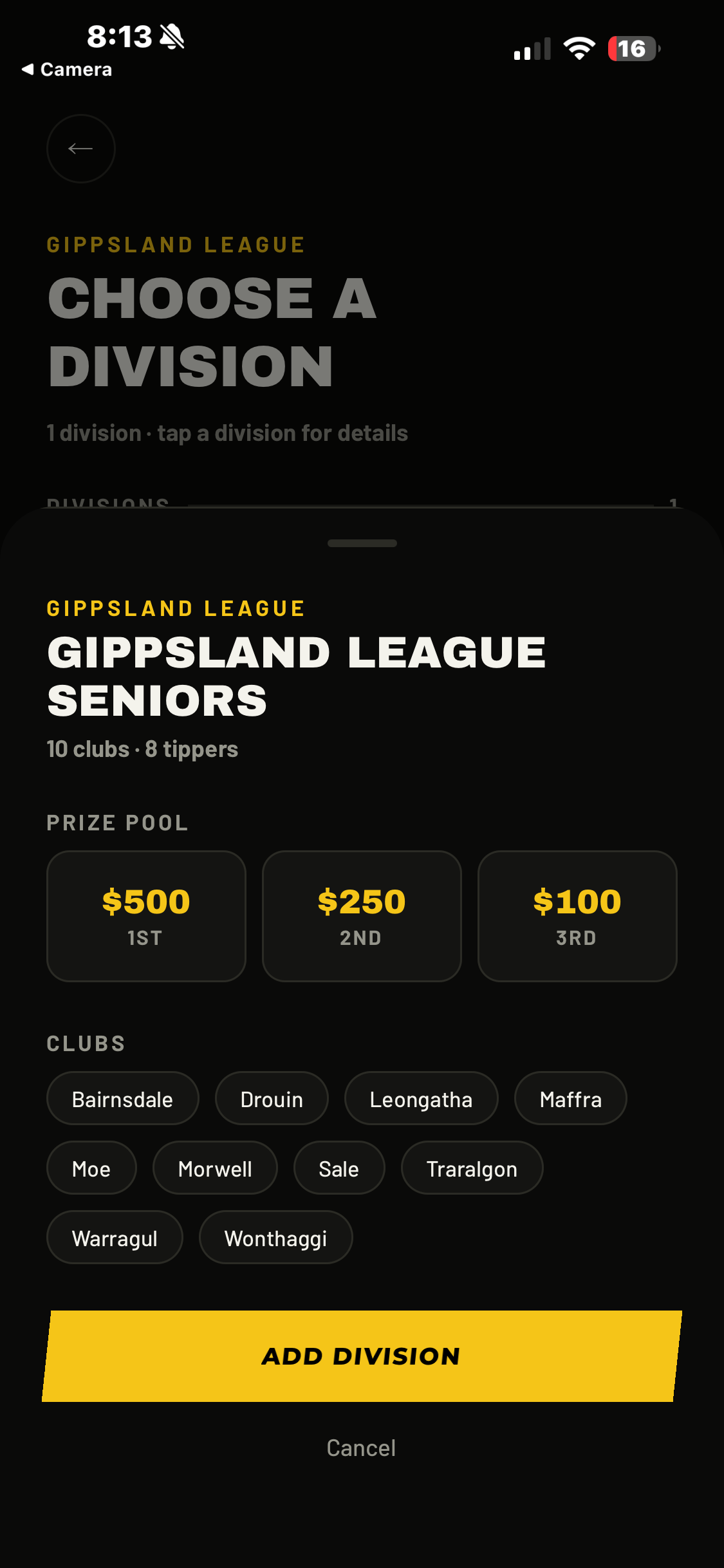 Choose a division with its prize pool and clubs