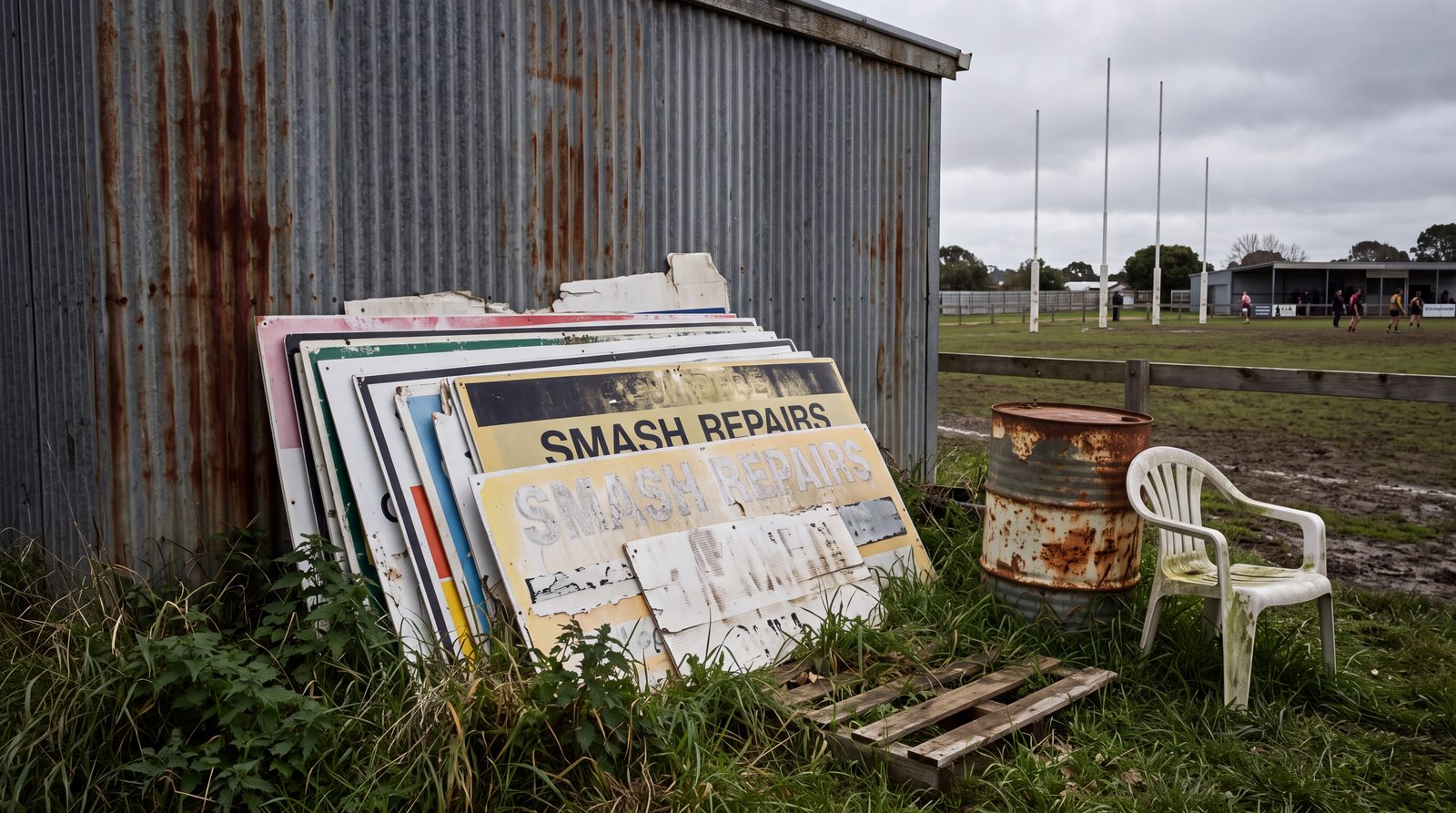 Weathered local footy sponsor boards leaning against a shed at the ground